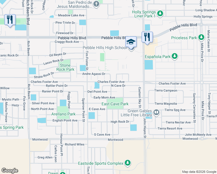 map of restaurants, bars, coffee shops, grocery stores, and more near 14332 North Cave Drive in El Paso
