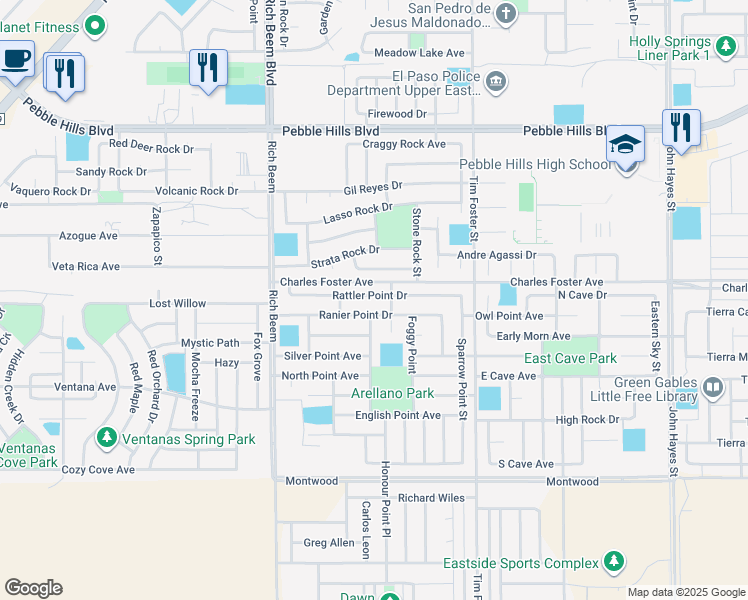 map of restaurants, bars, coffee shops, grocery stores, and more near 14236 Rattler Point Drive in El Paso