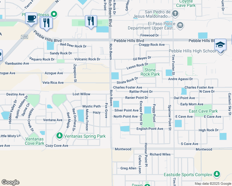map of restaurants, bars, coffee shops, grocery stores, and more near 14186 Rattler Point Drive in El Paso