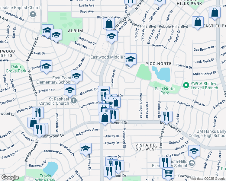 map of restaurants, bars, coffee shops, grocery stores, and more near 10424 Maxwood Drive in El Paso