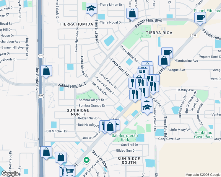 map of restaurants, bars, coffee shops, grocery stores, and more near 12452 Sombra Fuerte Drive in El Paso