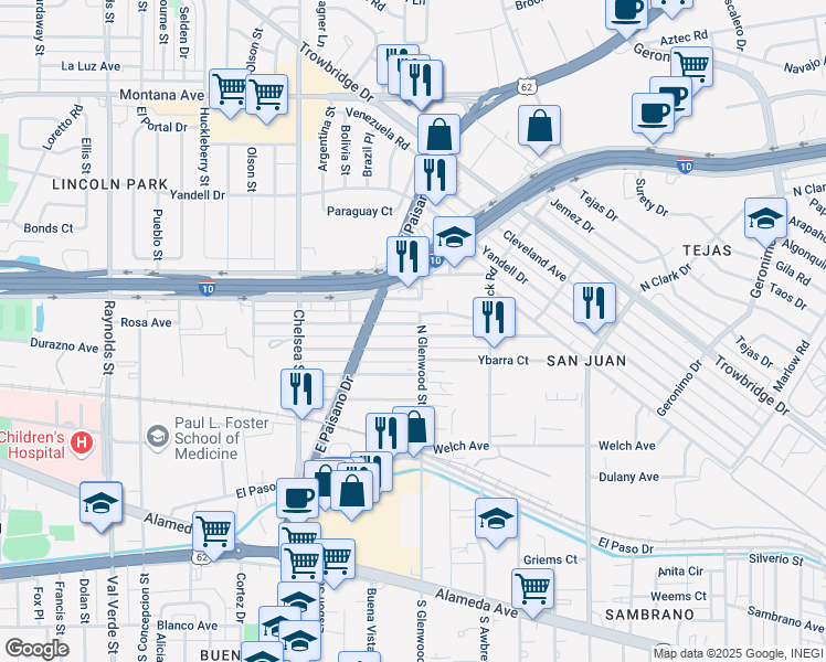 map of restaurants, bars, coffee shops, grocery stores, and more near 5707 Macias Street in El Paso