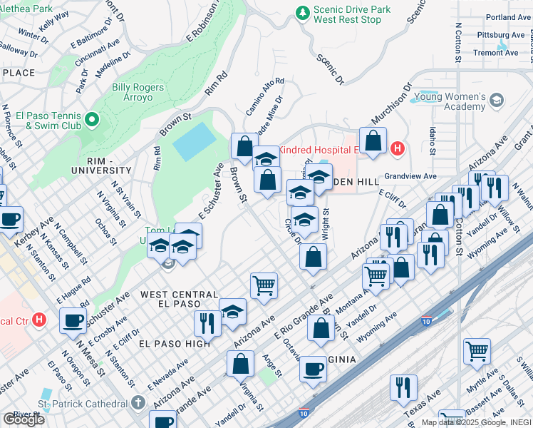 map of restaurants, bars, coffee shops, grocery stores, and more near 1525 El Encanto Place in El Paso