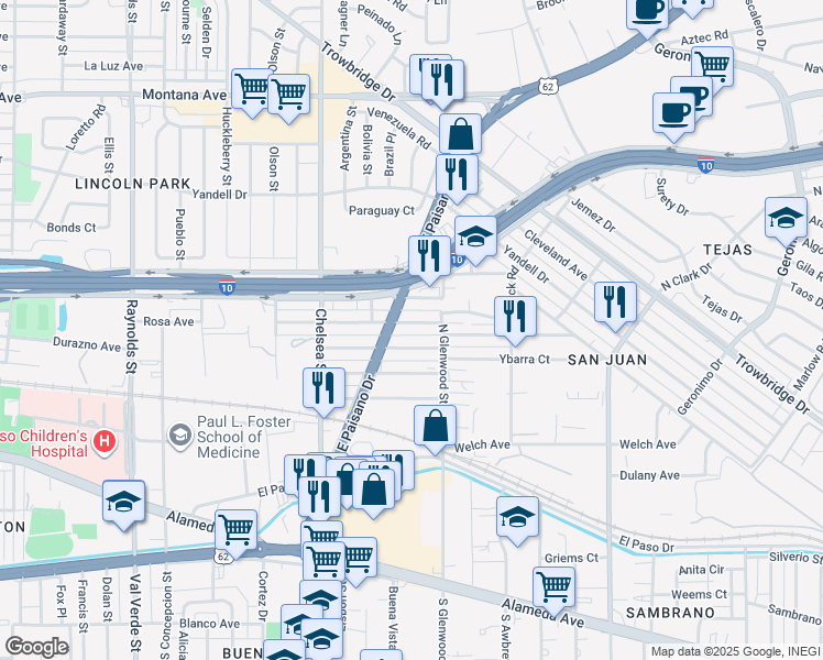 map of restaurants, bars, coffee shops, grocery stores, and more near 5614 Rosa Avenue in El Paso