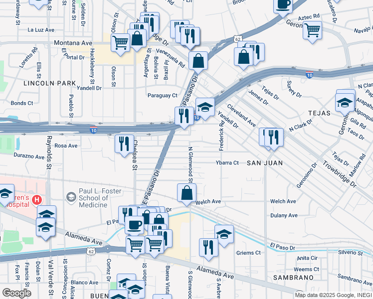 map of restaurants, bars, coffee shops, grocery stores, and more near 5707 Macias Street in El Paso