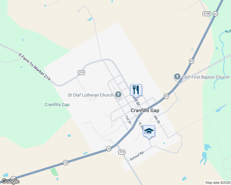 map of restaurants, bars, coffee shops, grocery stores, and more near 404 Mustang Street in Cranfills Gap