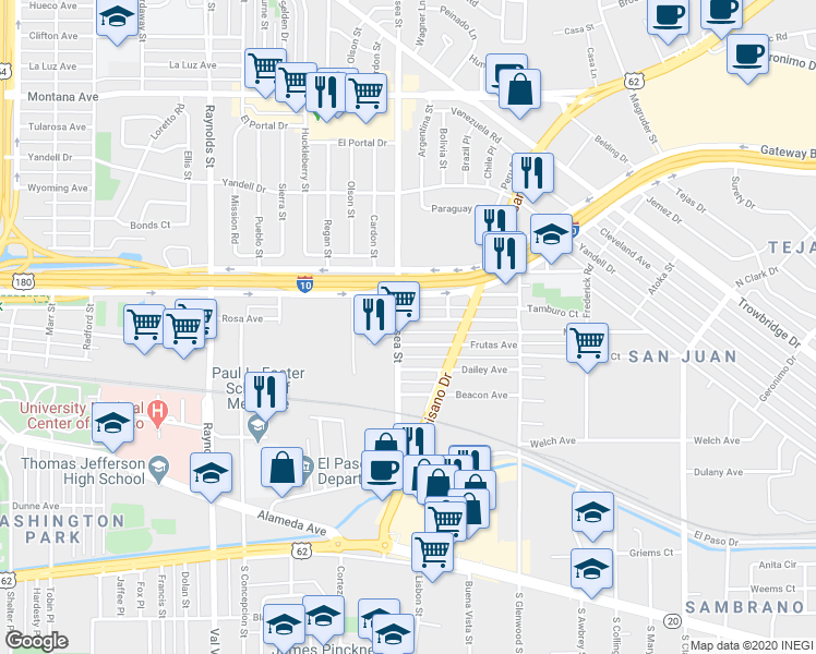 map of restaurants, bars, coffee shops, grocery stores, and more near 5408 Rosa Avenue in El Paso