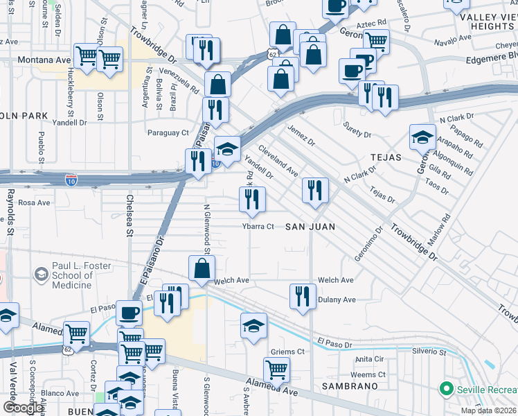map of restaurants, bars, coffee shops, grocery stores, and more near 5913 Macias Street in El Paso