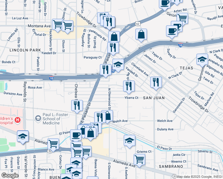 map of restaurants, bars, coffee shops, grocery stores, and more near 5707 Macias Street in El Paso