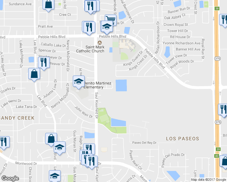 map of restaurants, bars, coffee shops, grocery stores, and more near 11744 Campfire Lane in El Paso