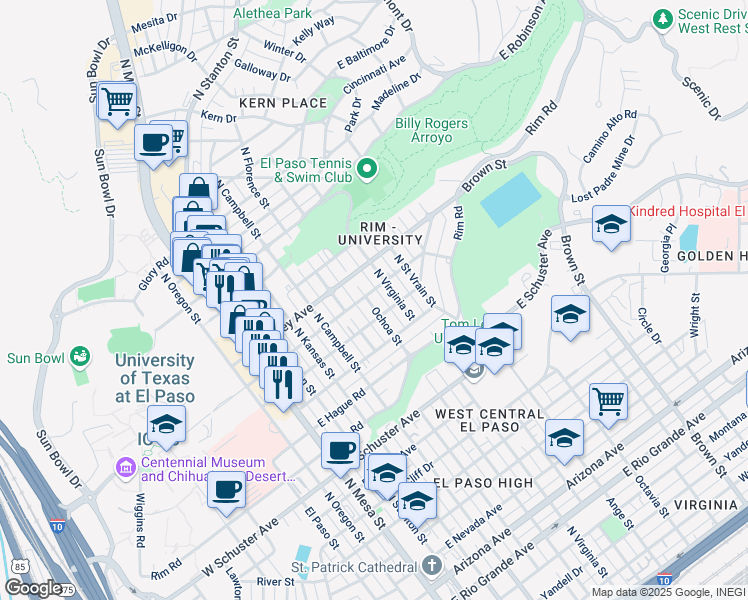 map of restaurants, bars, coffee shops, grocery stores, and more near 700 East University Avenue in El Paso
