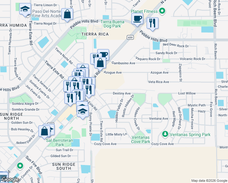 map of restaurants, bars, coffee shops, grocery stores, and more near 12743 Destiny Avenue in El Paso