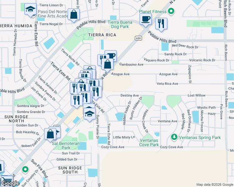 map of restaurants, bars, coffee shops, grocery stores, and more near 12743 Destiny Avenue in El Paso