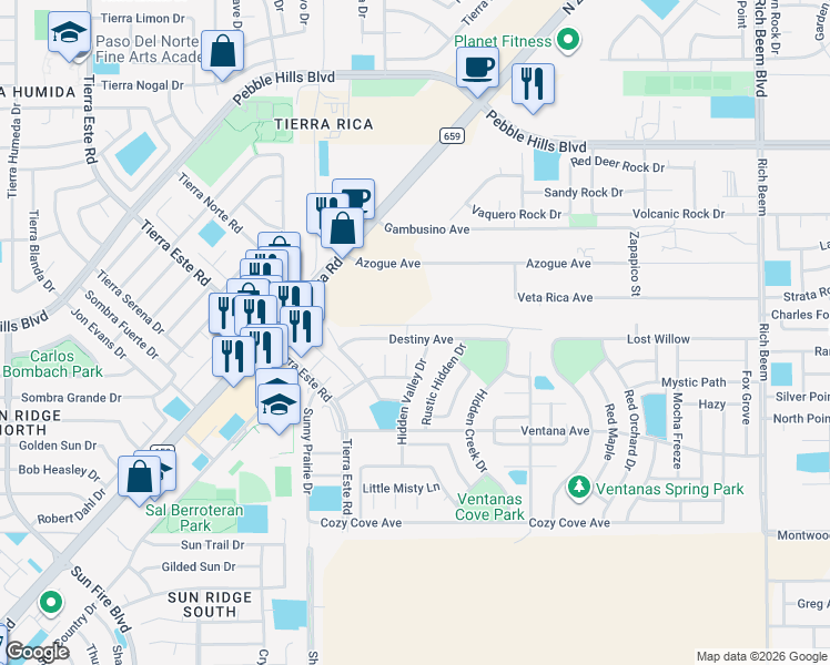 map of restaurants, bars, coffee shops, grocery stores, and more near 12761 Destiny Avenue in El Paso