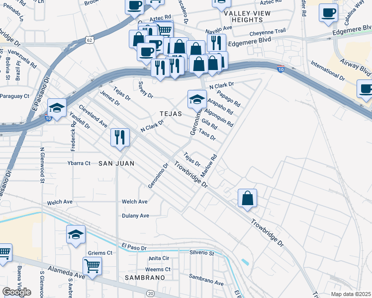map of restaurants, bars, coffee shops, grocery stores, and more near 906 Geronimo Drive in El Paso