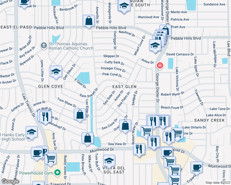 map of restaurants, bars, coffee shops, grocery stores, and more near 2332 Sea Side Drive in El Paso