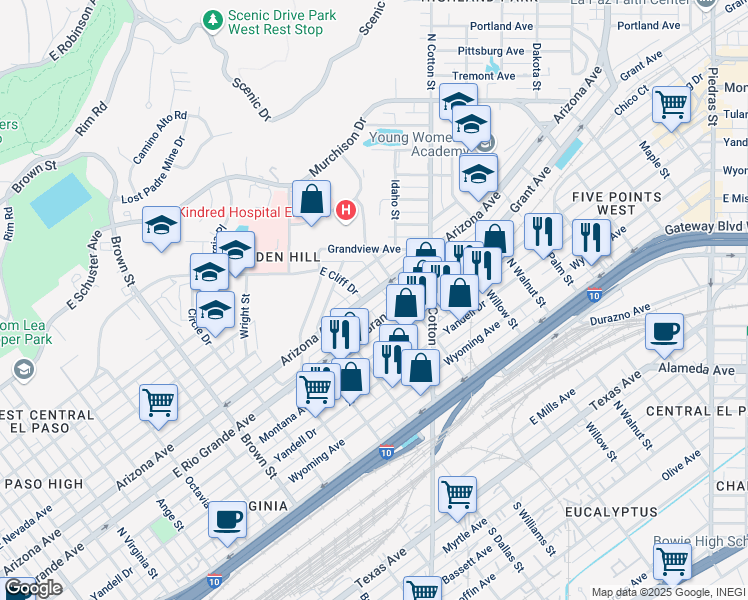 map of restaurants, bars, coffee shops, grocery stores, and more near 1806 Arizona Avenue in El Paso