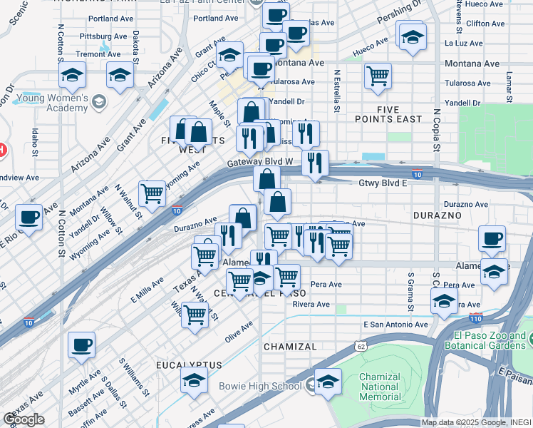 map of restaurants, bars, coffee shops, grocery stores, and more near 2900 North Raynor Street in El Paso