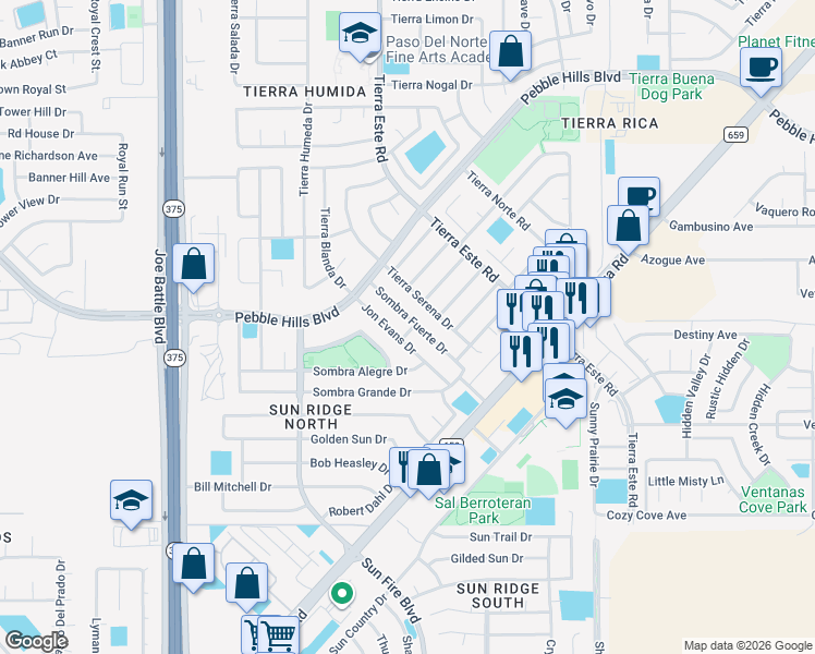 map of restaurants, bars, coffee shops, grocery stores, and more near 12452 Sombra Fuerte Drive in El Paso