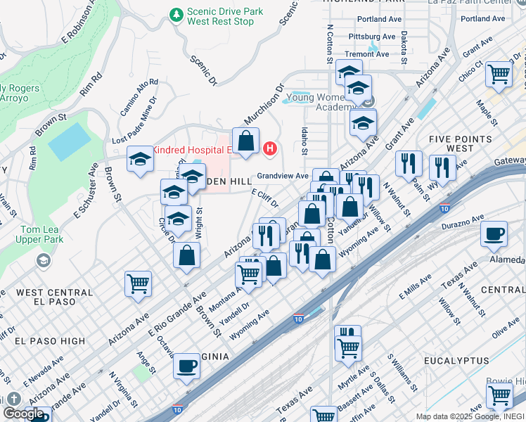 map of restaurants, bars, coffee shops, grocery stores, and more near 1706 Rampart Place in El Paso
