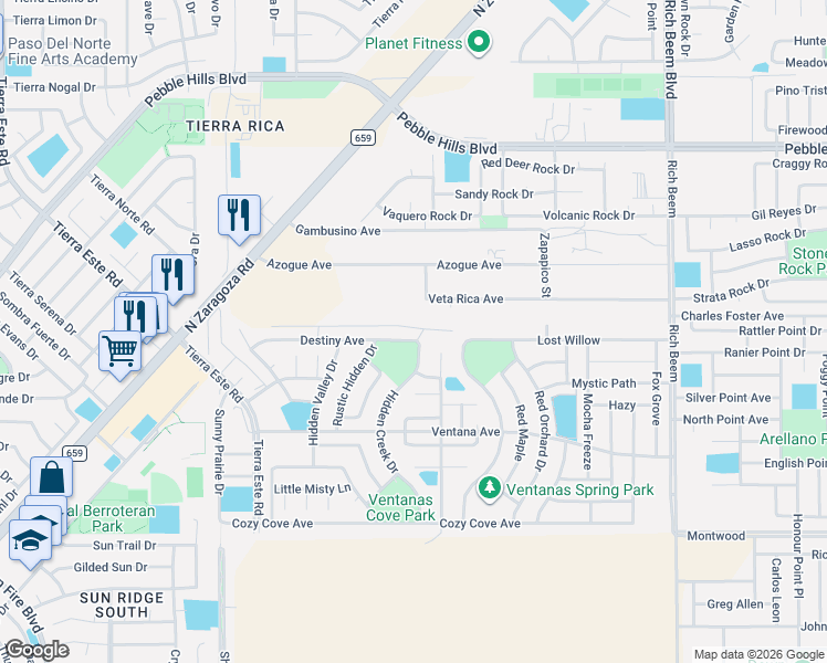 map of restaurants, bars, coffee shops, grocery stores, and more near 12869 Destiny Avenue in El Paso