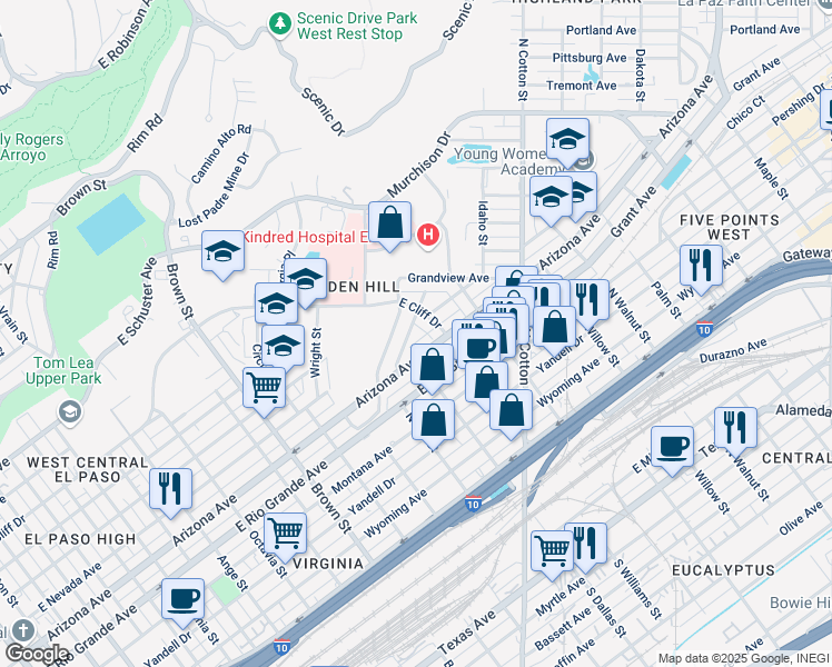 map of restaurants, bars, coffee shops, grocery stores, and more near 1706 Rampart Place in El Paso