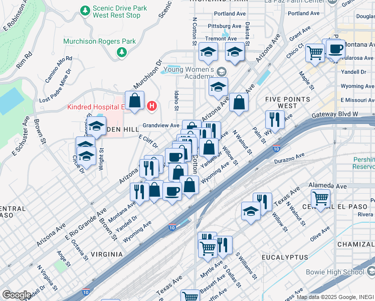 map of restaurants, bars, coffee shops, grocery stores, and more near 1906 East Rio Grande Avenue in El Paso