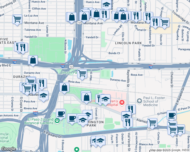 map of restaurants, bars, coffee shops, grocery stores, and more near 4411 Durazno Avenue in El Paso