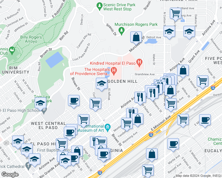 map of restaurants, bars, coffee shops, grocery stores, and more near 1326 Wright Street in El Paso