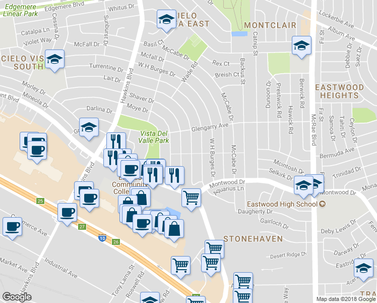 map of restaurants, bars, coffee shops, grocery stores, and more near 9224 Lait Dr in El Paso