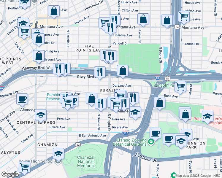 map of restaurants, bars, coffee shops, grocery stores, and more near 212 North Copia Street in El Paso