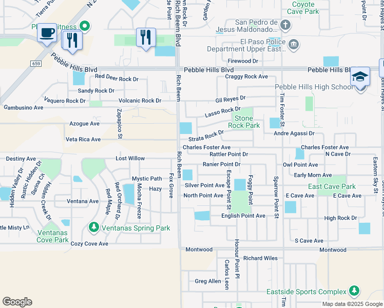 map of restaurants, bars, coffee shops, grocery stores, and more near 14181 Rattler Point Drive in El Paso