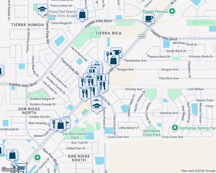 map of restaurants, bars, coffee shops, grocery stores, and more near 3193 Diego Aidan Drive in El Paso