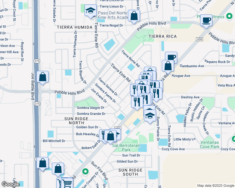 map of restaurants, bars, coffee shops, grocery stores, and more near 2201 Tierra De Oro Way in El Paso