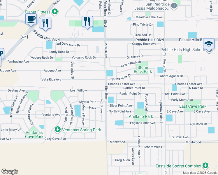 map of restaurants, bars, coffee shops, grocery stores, and more near 14186 Rattler Point Drive in El Paso