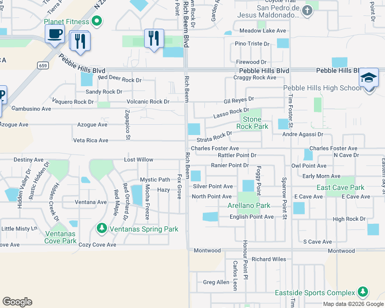 map of restaurants, bars, coffee shops, grocery stores, and more near 14186 Rattler Point Drive in El Paso