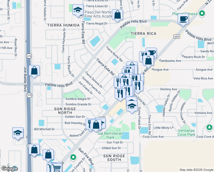 map of restaurants, bars, coffee shops, grocery stores, and more near 2225 Tierra Robles Drive in El Paso