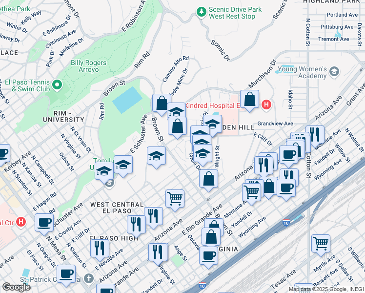 map of restaurants, bars, coffee shops, grocery stores, and more near 1525 El Encanto Place in El Paso