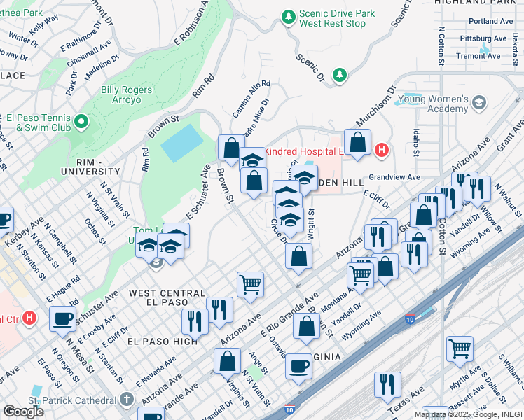 map of restaurants, bars, coffee shops, grocery stores, and more near 1520 El Encanto Place in El Paso