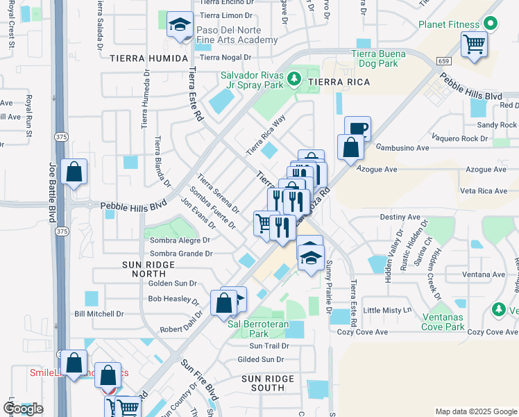 map of restaurants, bars, coffee shops, grocery stores, and more near 2225 Tierra Robles Drive in El Paso