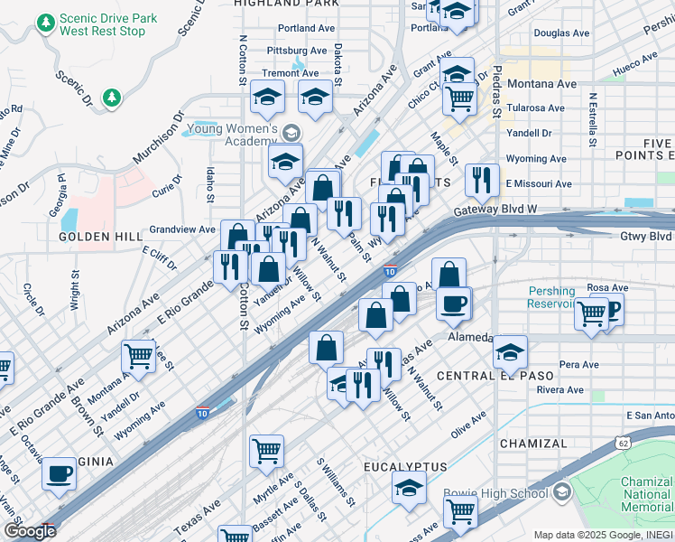 map of restaurants, bars, coffee shops, grocery stores, and more near 698 N Walnut St in El Paso