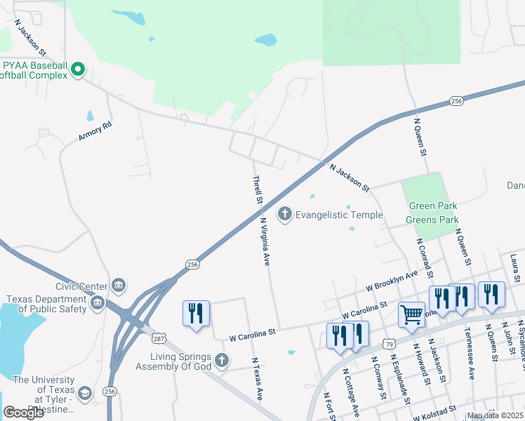 map of restaurants, bars, coffee shops, grocery stores, and more near Highway 256 Loop in Palestine