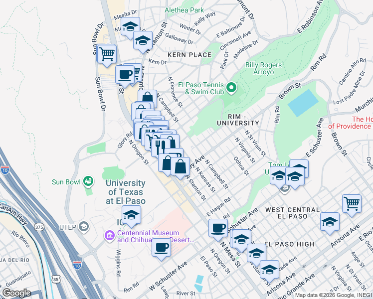 map of restaurants, bars, coffee shops, grocery stores, and more near 2405 North Kansas Street in El Paso