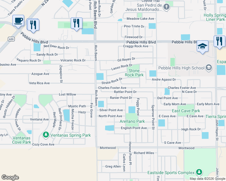 map of restaurants, bars, coffee shops, grocery stores, and more near 14208 Rattler Point Drive in El Paso