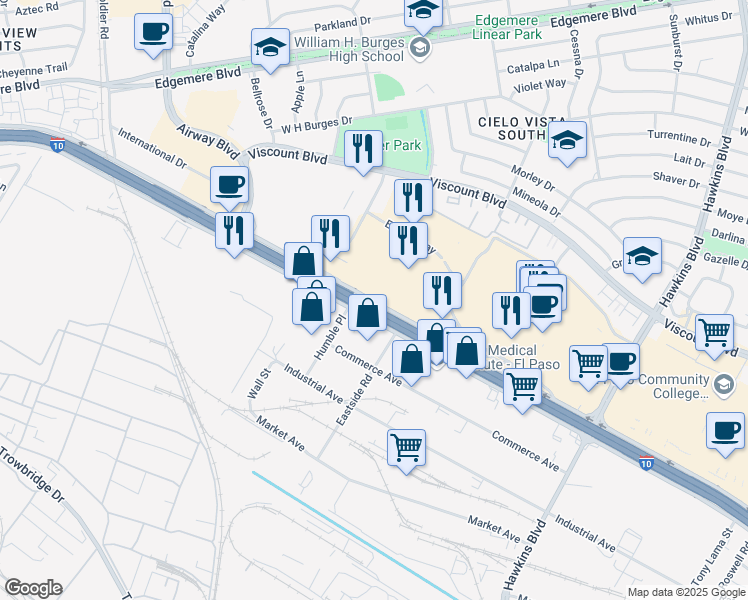 map of restaurants, bars, coffee shops, grocery stores, and more near 7001 Gateway Boulevard West in El Paso