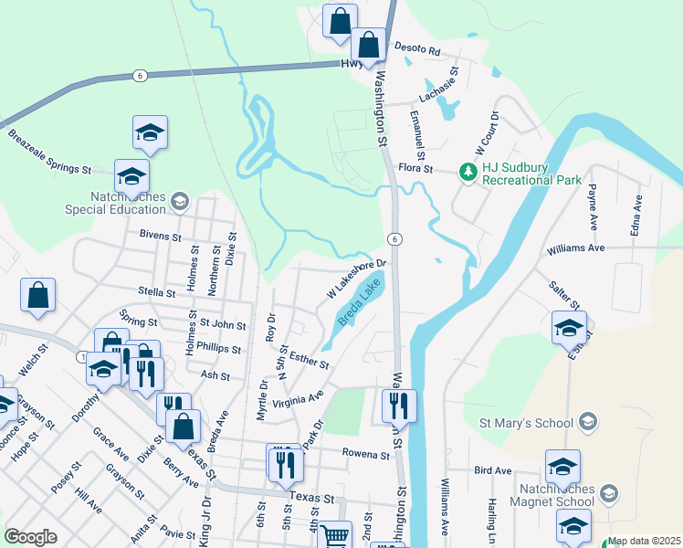 map of restaurants, bars, coffee shops, grocery stores, and more near 1400-1416 W Lakeshore Dr in Natchitoches