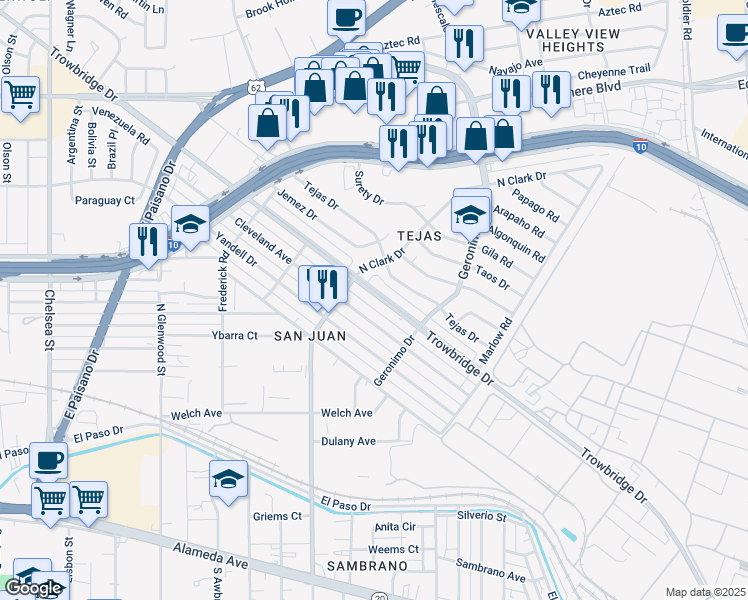 map of restaurants, bars, coffee shops, grocery stores, and more near 6134 Trowbridge Drive in El Paso