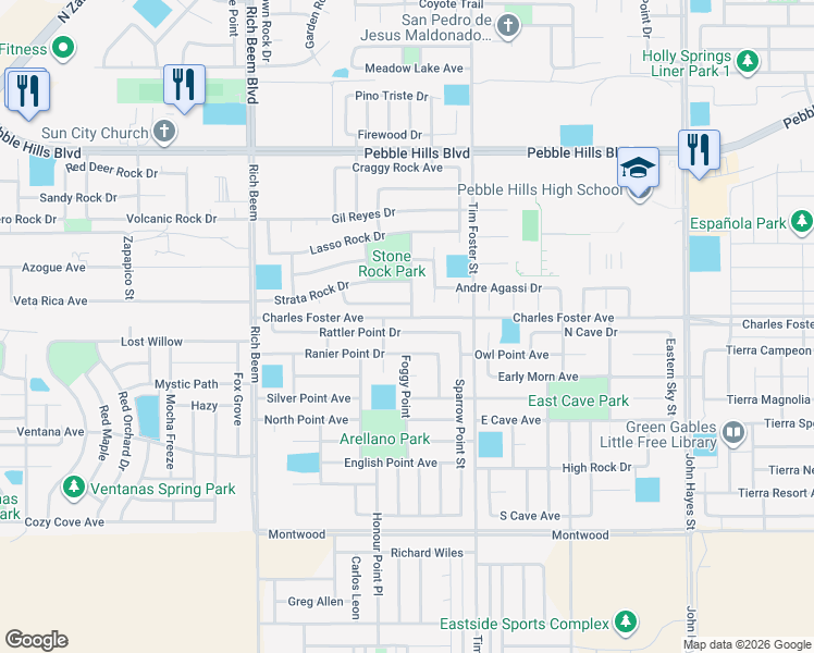 map of restaurants, bars, coffee shops, grocery stores, and more near 14257 Rattler Point Drive in El Paso