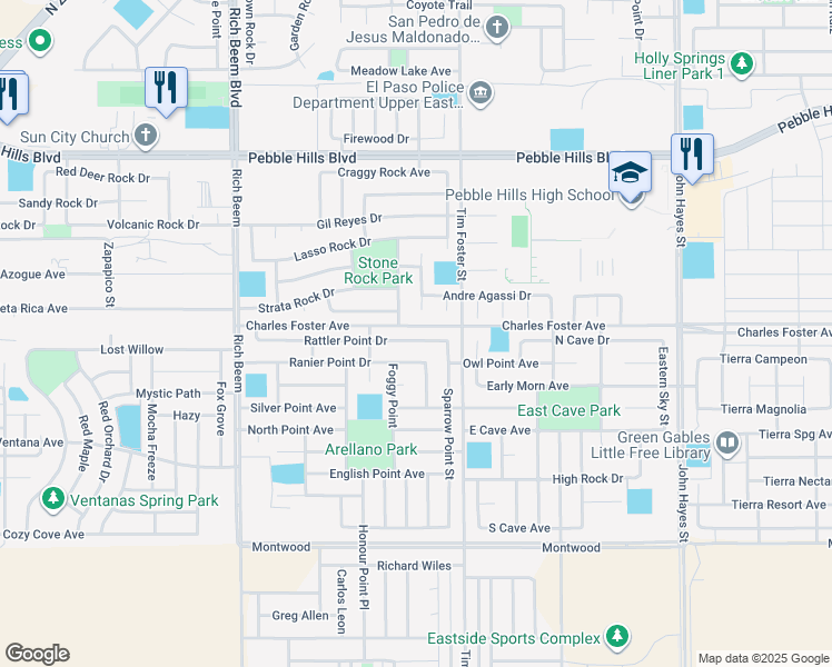 map of restaurants, bars, coffee shops, grocery stores, and more near 14270 Rattler Point Drive in El Paso