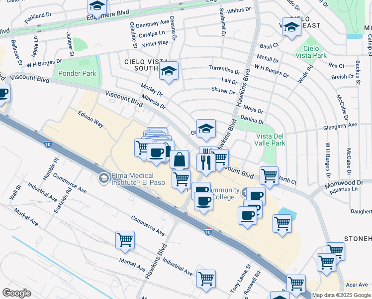 map of restaurants, bars, coffee shops, grocery stores, and more near 16 Viscount Boulevard in El Paso